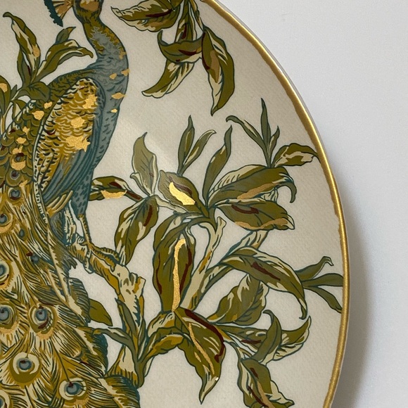 Pottery Barn Peacock Plates 9.5" Art Nouveau Ceramic Green Teal Gold White - Picture 5 of 13